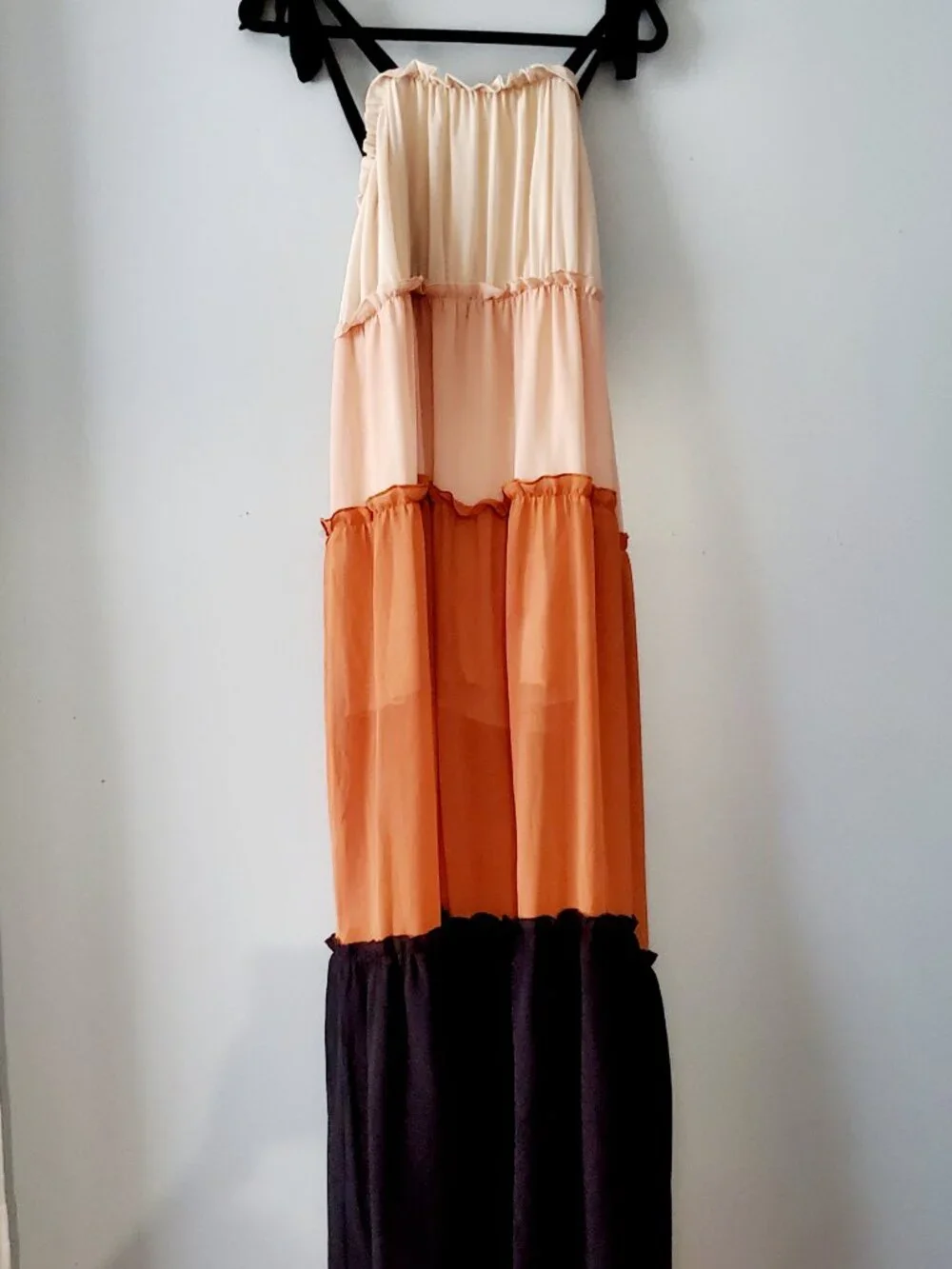 Fanco Tiered Ombré Maxi Dress Peach Pink Black Boho Cottagecore Dress M Romantic